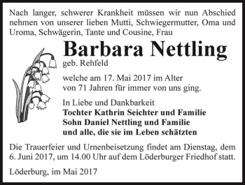 Traueranzeige von Barbara Nettling (geb. Rehfeld)  von Magdeburger Volksstimme