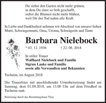 Traueranzeige von Barbara Nielebock  von Magdeburger Volksstimme