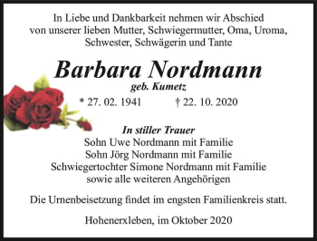 Traueranzeige von Barbara Nordmann (geb. Kumetz)  von Magdeburger Volksstimme