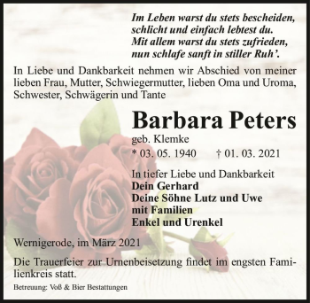 Traueranzeige von Barbara Peters (geb. Klemke)  von Magdeburger Volksstimme