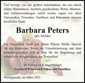 Traueranzeige von Barbara Peters (geb. Klimke)  von Magdeburger Volksstimme