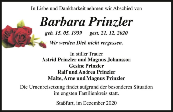 Traueranzeige von Barbara Prinzler  von Magdeburger Volksstimme