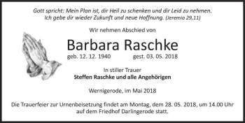 Traueranzeige von Barbara Raschke  von Magdeburger Volksstimme