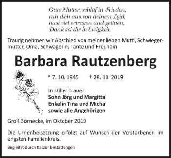 Traueranzeige von Barbara Rautzenberg  von Magdeburger Volksstimme