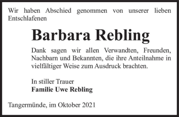 Traueranzeige von Barbara Rebling  von Magdeburger Volksstimme