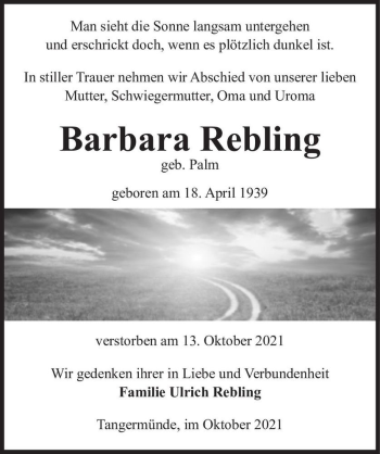 Traueranzeige von Barbara Rebling (geb. Palm)  von Magdeburger Volksstimme