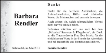 Traueranzeige von Barbara Rendler  von Magdeburger Volksstimme