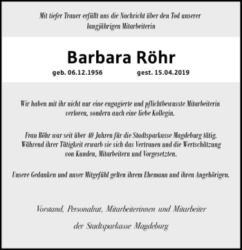 Traueranzeige von Barbara Röhr  von Magdeburger Volksstimme
