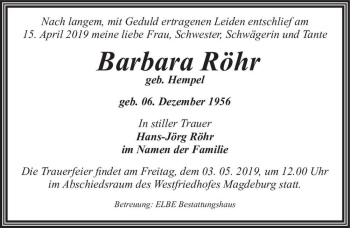 Traueranzeige von Barbara Röhr (geb. Hempel)  von Magdeburger Volksstimme