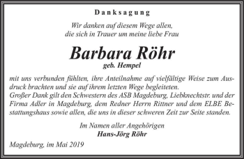 Traueranzeige von Barbara Röhr (geb. Hempel)  von Magdeburger Volksstimme