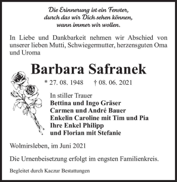 Traueranzeige von Barbara Safranek  von Magdeburger Volksstimme