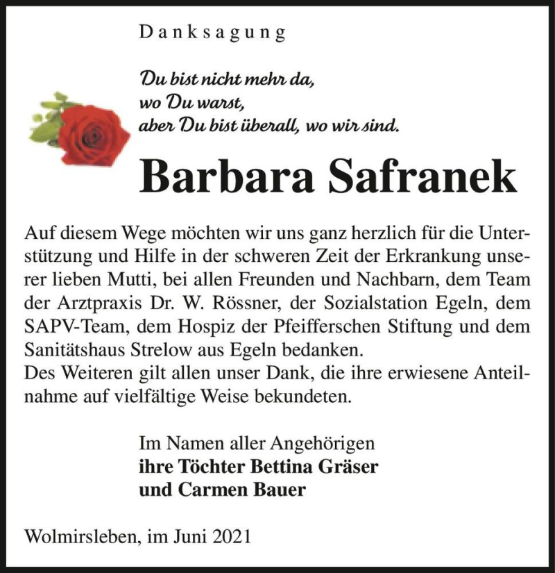  Traueranzeige für Barbara Safranek  vom 26.06.2021 aus Magdeburger Volksstimme