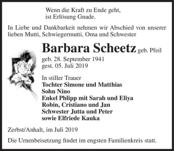 Traueranzeige von Barbara Scheetz (geb. Pfeil)  von Magdeburger Volksstimme