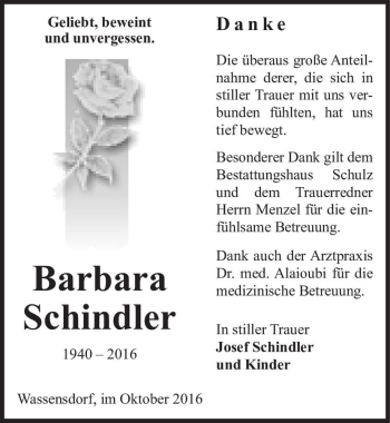 Traueranzeige von Barbara Schindler  von Magdeburger Volksstimme