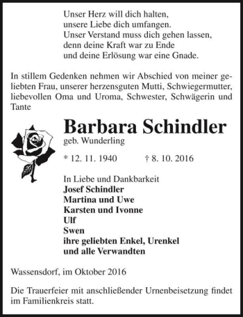 Traueranzeige von Barbara Schindler (geb. Wunderling)  von Magdeburger Volksstimme