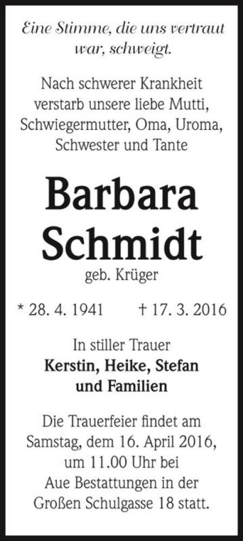 Traueranzeige von Barbara Schmidt (geb. Krüger)  von Magdeburger Volksstimme