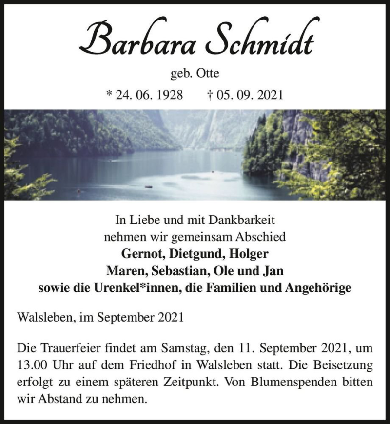  Traueranzeige für Barbara Schmidt (geb. Otte)  vom 08.09.2021 aus Magdeburger Volksstimme
