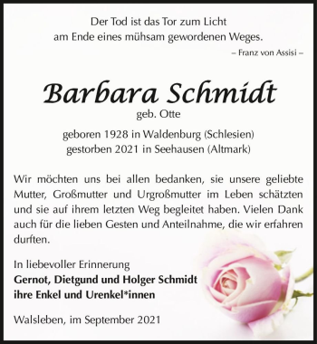 Traueranzeige von Barbara Schmidt (geb. Otte)  von Magdeburger Volksstimme