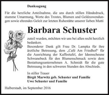 Traueranzeige von Barbara Schuster  von Magdeburger Volksstimme