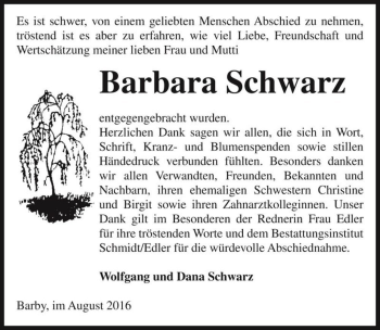 Traueranzeige von Barbara Schwarz  von Magdeburger Volksstimme