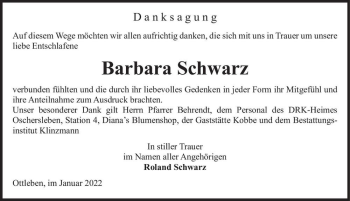 Traueranzeige von Barbara Schwarz  von Magdeburger Volksstimme