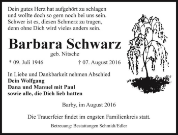 Traueranzeige von Barbara Schwarz (geb. Nitsche)  von Magdeburger Volksstimme