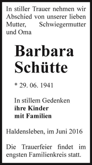 Traueranzeige von Barbara Schütte  von Magdeburger Volksstimme