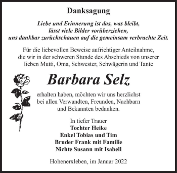 Traueranzeige von Barbara Selz  von Magdeburger Volksstimme