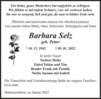 Traueranzeige von Barbara Selz (geb. Petter)  von Magdeburger Volksstimme