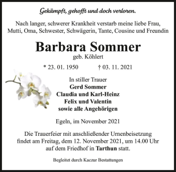 Traueranzeige von Barbara Sommer (geb. Köhlert)  von Magdeburger Volksstimme