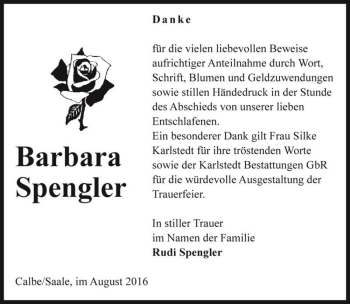 Traueranzeige von Barbara Spengler  von Magdeburger Volksstimme