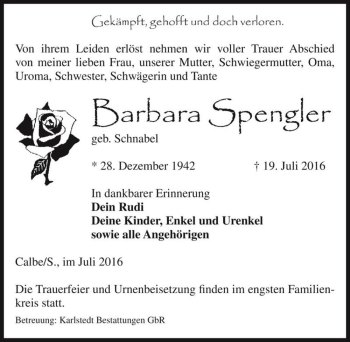 Traueranzeige von Barbara Spengler (geb. Schnabel)  von Magdeburger Volksstimme