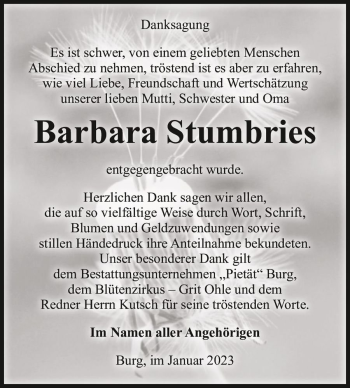 Traueranzeige von Barbara Stumbries  von Magdeburger Volksstimme