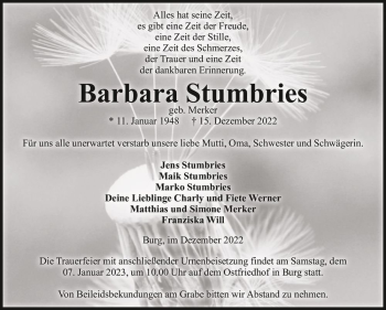 Traueranzeige von Barbara Stumbries (geb. Merker)  von Magdeburger Volksstimme