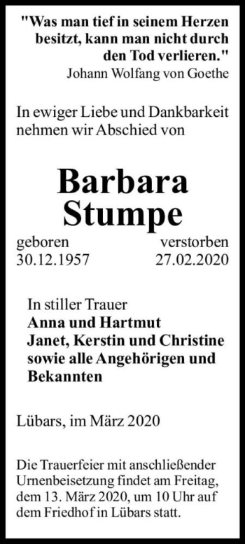 Traueranzeige von Barbara Stumpe  von Magdeburger Volksstimme