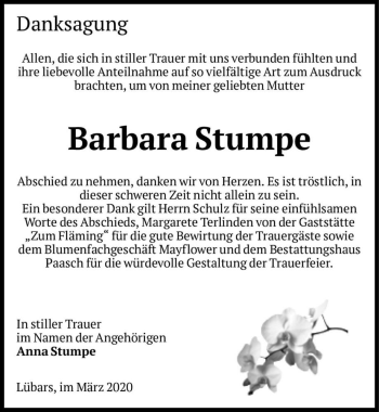 Traueranzeige von Barbara Stumpe  von Magdeburger Volksstimme