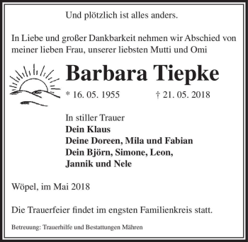 Traueranzeige von Barbara Tiepke  von Magdeburger Volksstimme