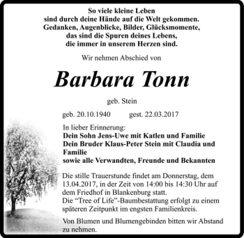 Traueranzeige von Barbara Tonn (geb. Stein)  von Magdeburger Volksstimme
