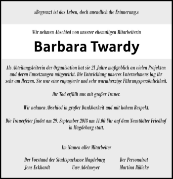 Traueranzeige von Barbara Twardy  von Magdeburger Volksstimme