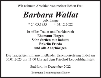 Traueranzeige von Barbara Wallat (geb. Lange)  von Magdeburger Volksstimme