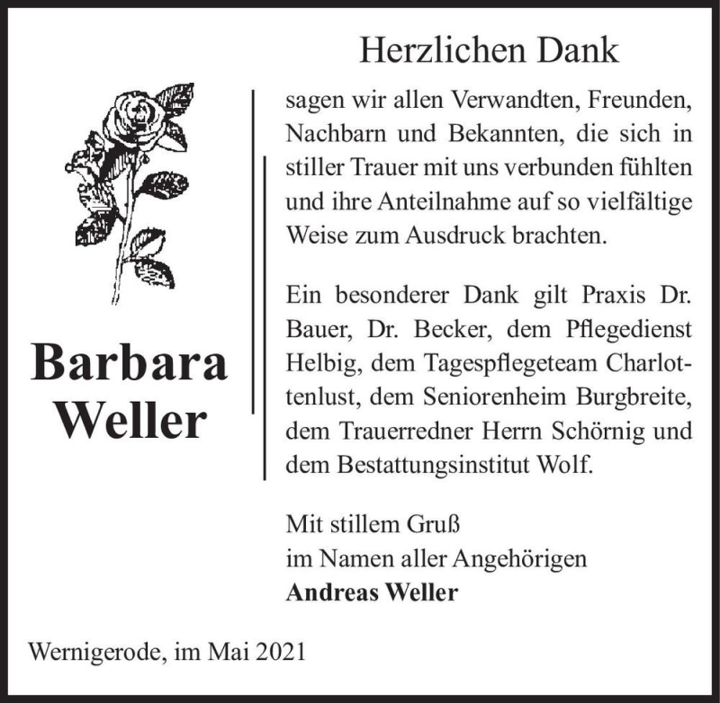  Traueranzeige für Barbara Weller  vom 22.05.2021 aus Magdeburger Volksstimme