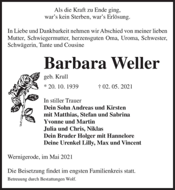 Traueranzeige von Barbara Weller (geb. Krull)  von Magdeburger Volksstimme