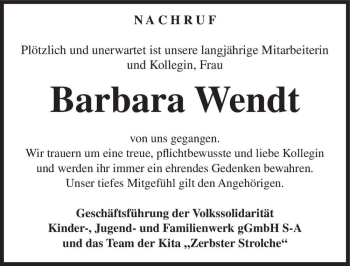Traueranzeige von Barbara Wendt  von Magdeburger Volksstimme