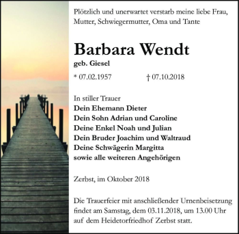 Traueranzeige von Barbara Wendt (geb. Giesel)  von Magdeburger Volksstimme