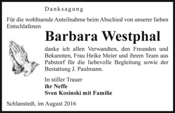 Traueranzeige von Barbara Westphal  von Magdeburger Volksstimme