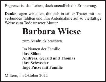 Traueranzeige von Barbara Wiese  von Magdeburger Volksstimme