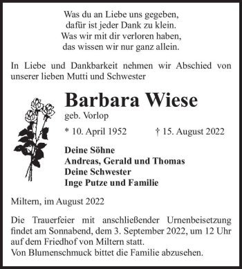 Traueranzeige von Barbara Wiese (geb. Vorlop)  von Magdeburger Volksstimme