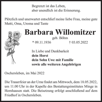 Traueranzeige von Barbara Willomitzer (geb. Böhm)  von Magdeburger Volksstimme