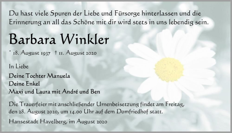  Traueranzeige für Barbara Winkler  vom 22.08.2020 aus Magdeburger Volksstimme