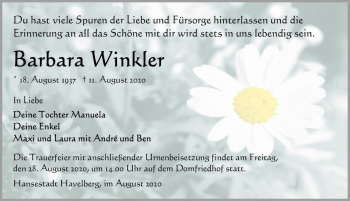 Traueranzeige von Barbara Winkler  von Magdeburger Volksstimme